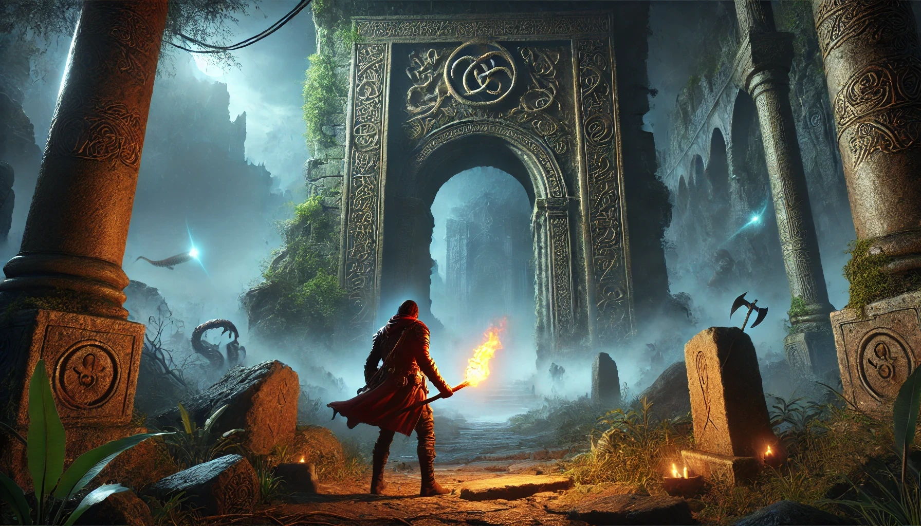 Un aventurier audacieux se tient à l'entrée de ruines anciennes, tenant une torche lumineuse.