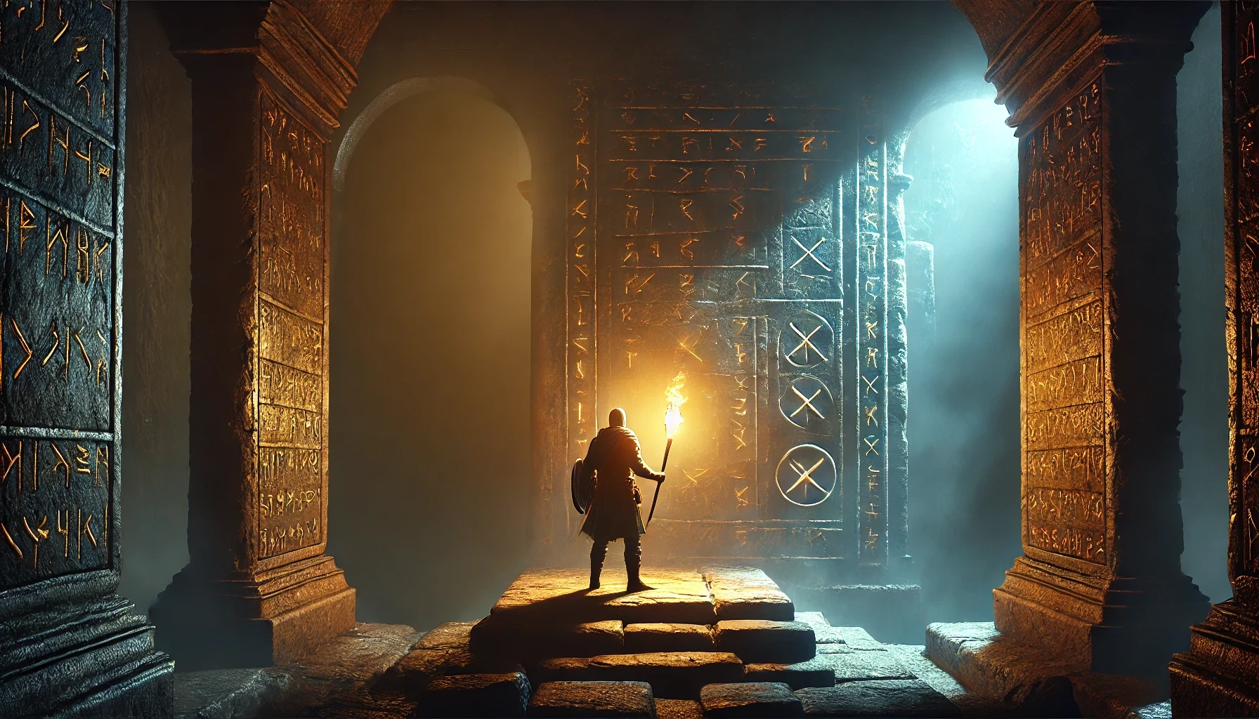 L'aventurier se tient devant un escalier descendant sur sa gauche et un couloir étroit à sa droite.