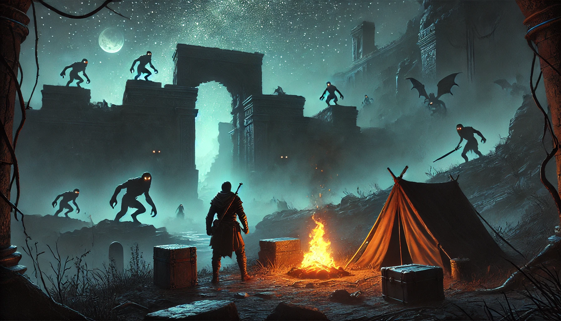 L'aventurier se fait attaquer par des créatures surgissant des ombres.