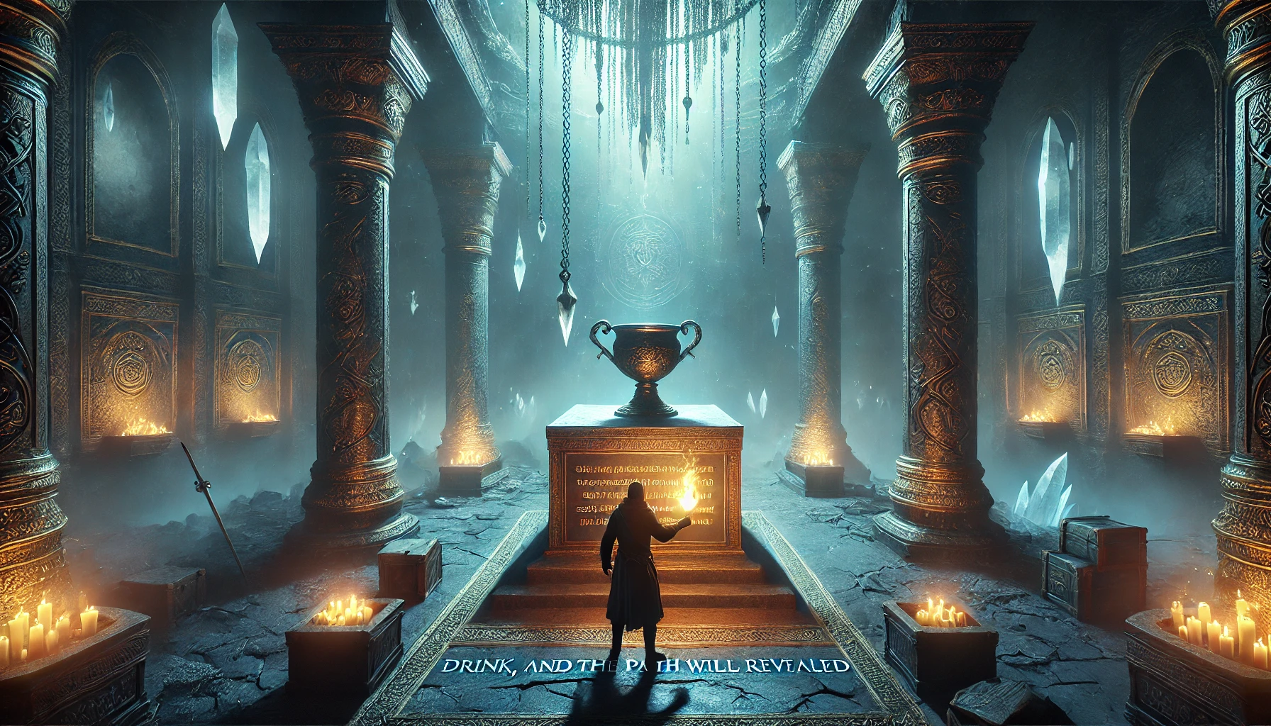 L'aventurier se tient devant une grande coupe sur un piédestal, au centre d'une salle illuminée par des cristaux.