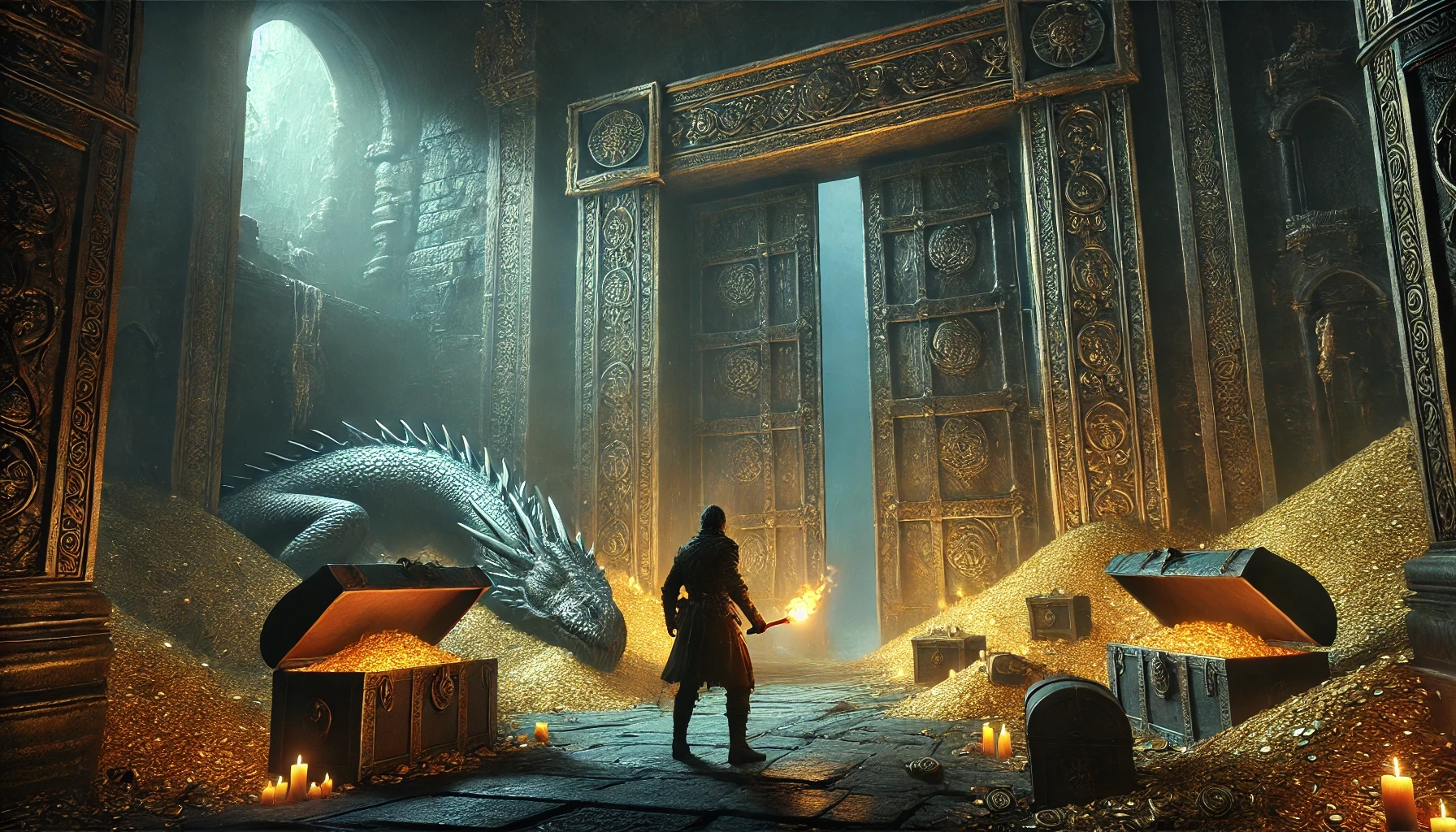 L'explorateur Kael ouvre une porte de fer et découvre une salle remplie de trésors… et un dragon endormi !