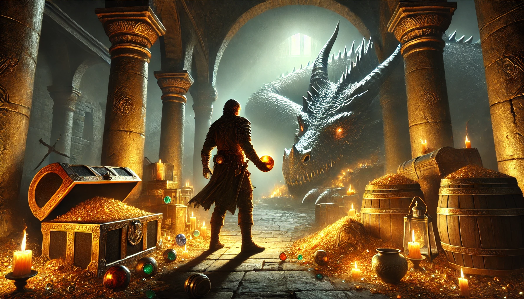 Vous ramassez une poignée de pièces, mais le dragon ouvre un œil, puis crache un jet de flammes.